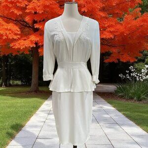 DB Designs Vintage Peplum Midi Dress Size 8 White Lace Modest Wedding USA